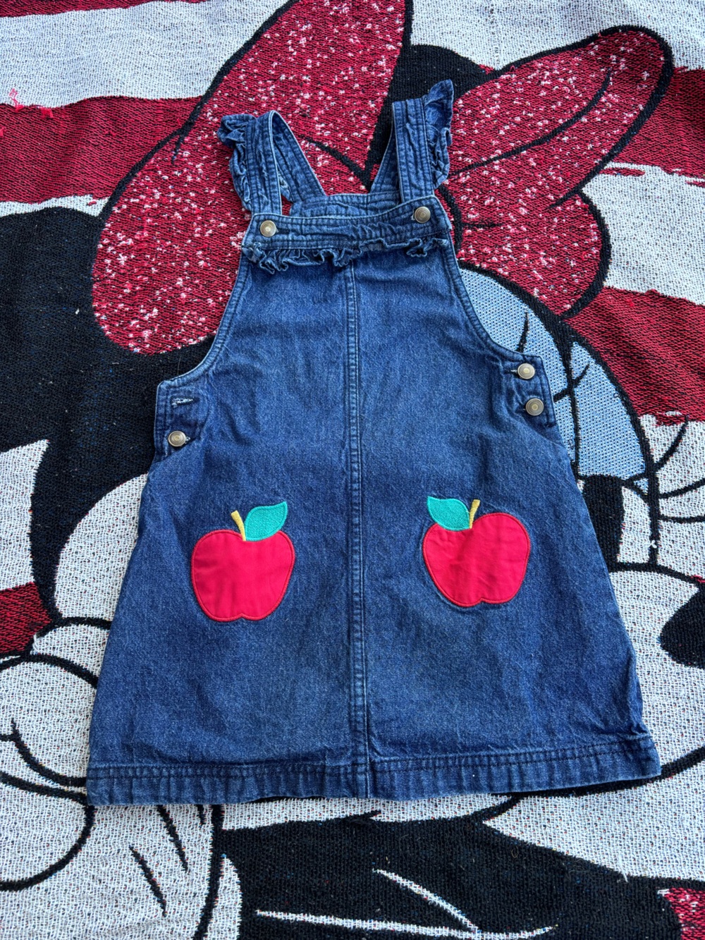 CYNTHIA ROWLEY DENIM RUFFLE APPLE APPLIQUÉ OVERALLS DRESS SIZE 7 GIRLS